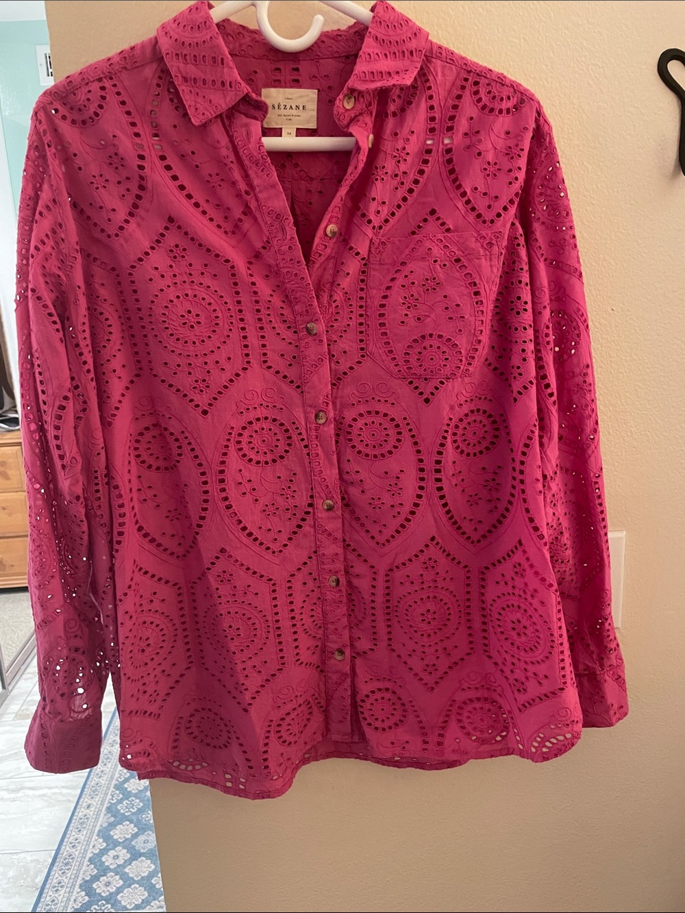 Sezane Magenta Eyelet Button-Down Shirt